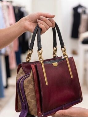 COACH Designer Burgundy & Tan Leather Satchel with Gold Hardware